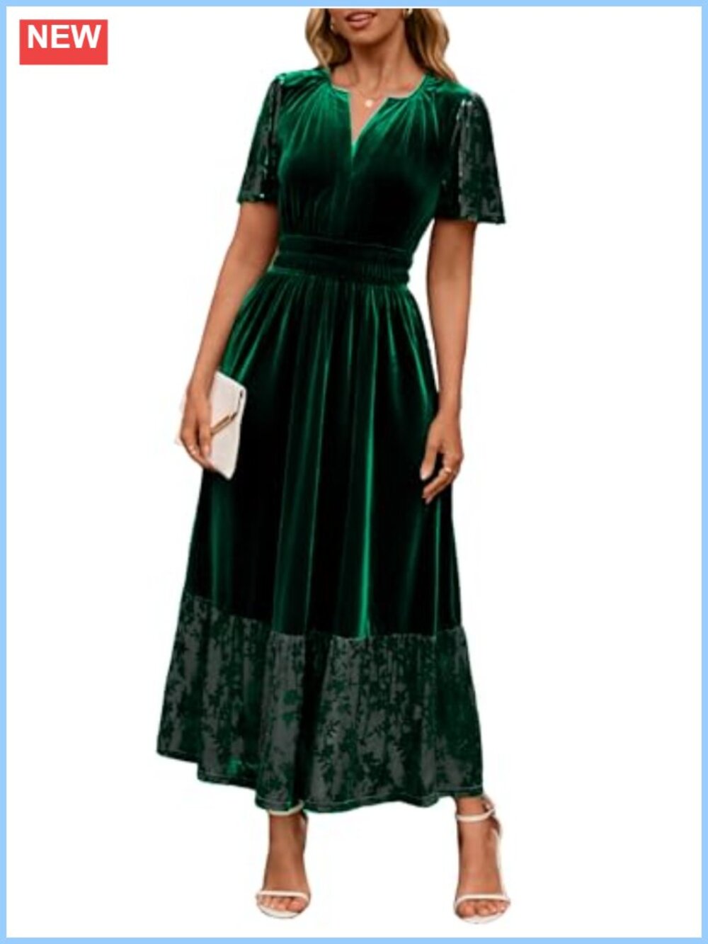 Velvet Formal Maxi Dress V Neck Floral Short Sleeve Empire Waist Wedding Guest
